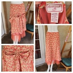 April Cornell Floral Skirt w/ Tulle Underskirt and Satin Pull Ribbon Ruching